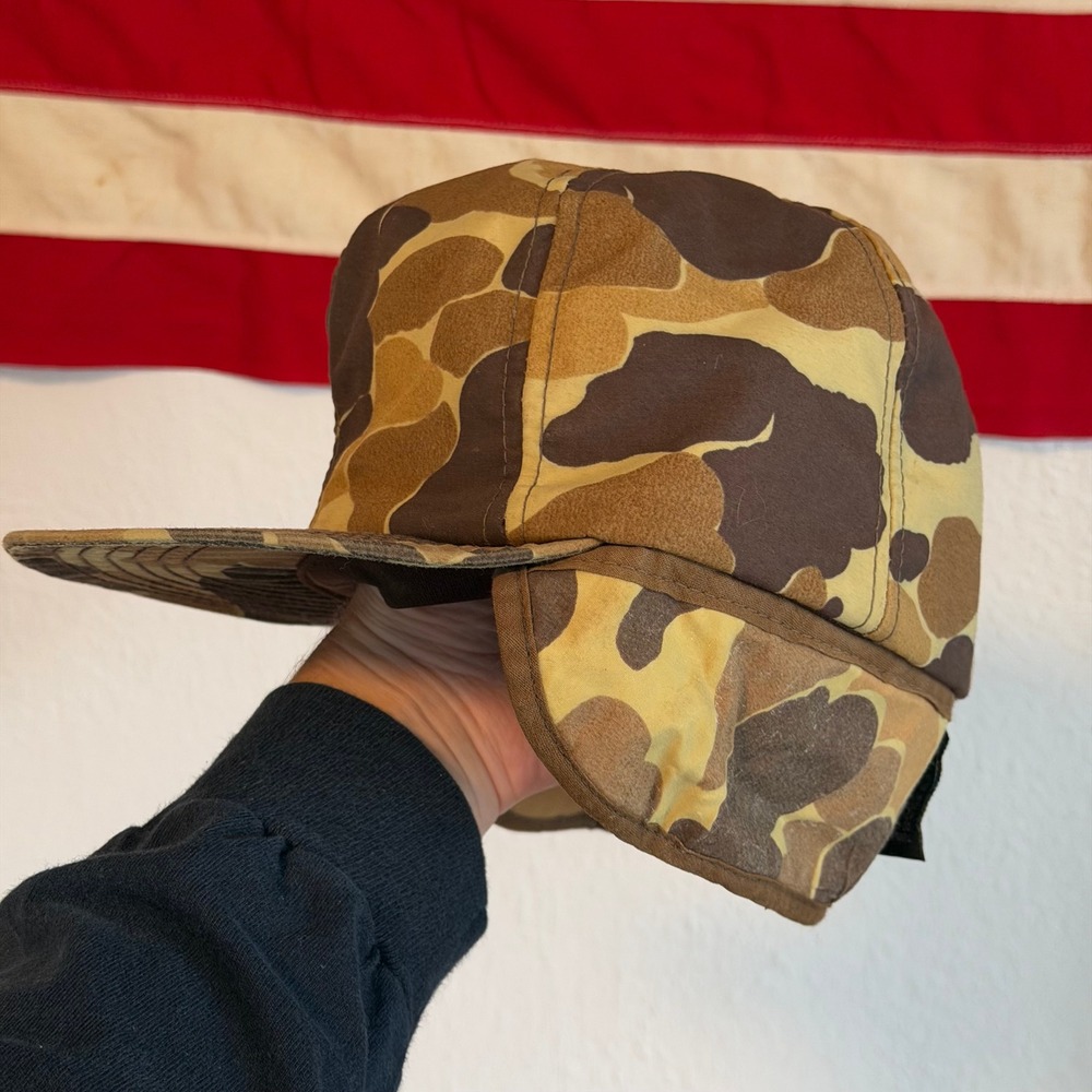 Vintage Duck Camo Hunting Hat Thinsulate Ear Flaps Brown Mud-Flap Camouflage Cap